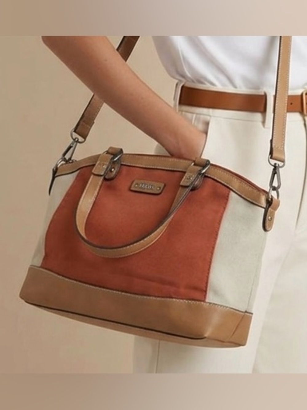 Roots Casual Daily Use Rust and Cream Canvas Shoulder Tote Tan Leather Trim